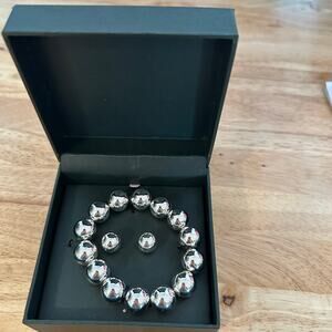 Ralph Lauren Women's Silver Tone Stretch Bead Bracelet & Matching Earrings, New